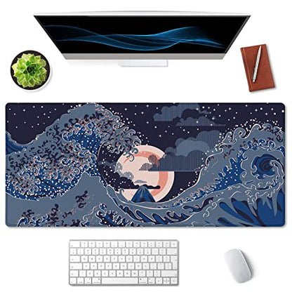 SSOIU Nightscape with Big Ocean Waves Mouse Pad 35.5 X 15.7 Inch XXL Modern Full Desk Mousepad Extended Large Non-Slip Rubber Base Waterproof Big Keyboard Mat with Stitched Edges for Gaming and Office - color: Nightscape With Big Ocean Waves
