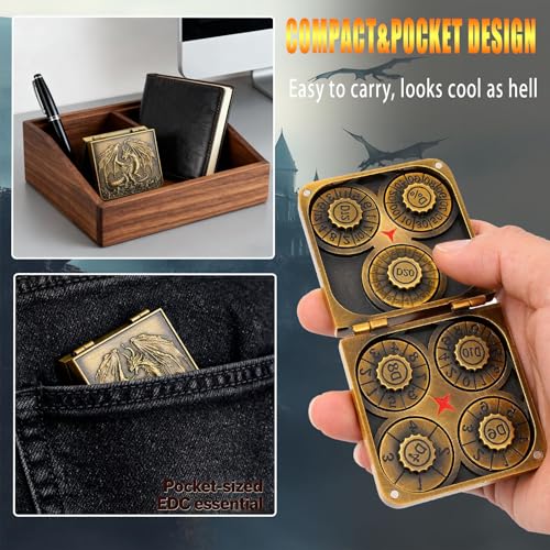 Metal DND Dice Set 7-in-1 D4-D20 3D Dragon Case Leather Bag Golden | 7 in 1 metal polyhedral dice. D4-D20 dnd spinner. 3D dragon case. Leather storage bag. Zinc alloy. DND RPG TTRPG gift. - color: Retro Golden