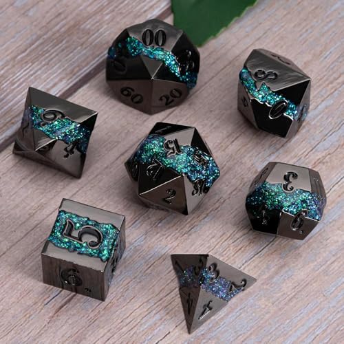 Metal Polyhedral Dice Set, 7PCS RPG Dice with Galaxy Glitter Resin Inlay for Dungeons and Dragons, Pathfinder Tabletop Role Playing Games - color: Black Nickel Dark Green