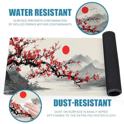 Japanese Large Gaming Mouse Pad, Desk Mat, XL Extended Mousepad with Non-Slip Rubber Base, Big Computer Keyboard Mat for Gamers, Office&Home, 31.5x11.8in, Plum Blossom - color: Plum Blossom