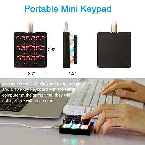 Koolertron One Handed Macro Mechanical Keyboard,RGB LED Backlit Portable Mini Gaming Keypad OSU! Keyboard 9 Fully Programmable Keys Blue Switches with Retro Classic Typewriter Round Keycaps