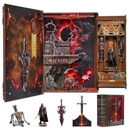 MiniCity Sword of Fire Book Nook Kit, 3D Wooden Bookshelf Puzzle with LED | 255-piece book-style DIY kit with LED and dust cover; glue/tools and guide included; 4-6 hr build for shelf decor, ages 14+. - style: The Sword of Fire