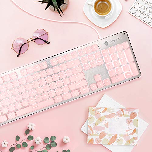 LANGTU Computer Keyboard, Backlit LED Pink for Office, All-Metal Panel USB Wired Membrane, 25 Keys Anti-ghosting, 104 Keys Laptop Compatible