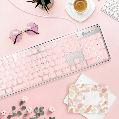 LANGTU Computer Keyboard, Backlit LED Pink for Office, All-Metal Panel USB Wired Membrane, 25 Keys Anti-ghosting, 104 Keys Laptop Compatible