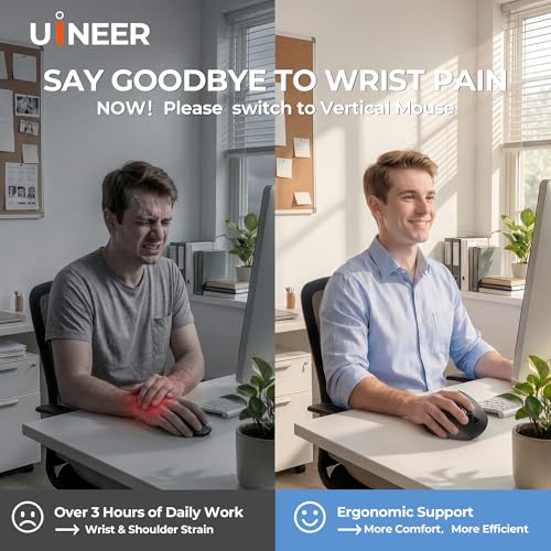 Uineer Vertical Ergonomic Mouse, Wireless Bluetooth Mouse, 3-Device | Switch among 3 devices via dual Bluetooth and 2.4G; rechargeable with 7-color ambient lighting.