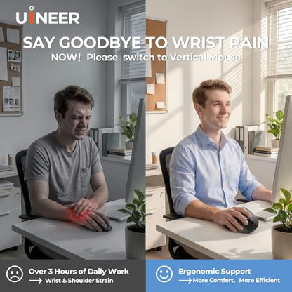 Uineer Vertical Ergonomic Mouse, Wireless Bluetooth Mouse, 3-Device | Switch among 3 devices via dual Bluetooth and 2.4G; rechargeable with 7-color ambient lighting.