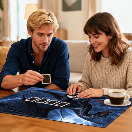 for MTG Playmat TCG Card Game Mat with Stitched Edges,Board Game Mats Non-Slip Waterproof Rubber Base 24 x 14 inch for CCG RPG DTCG Trading Card,Dark Dragon Moon - color: Dark Dragon Moon