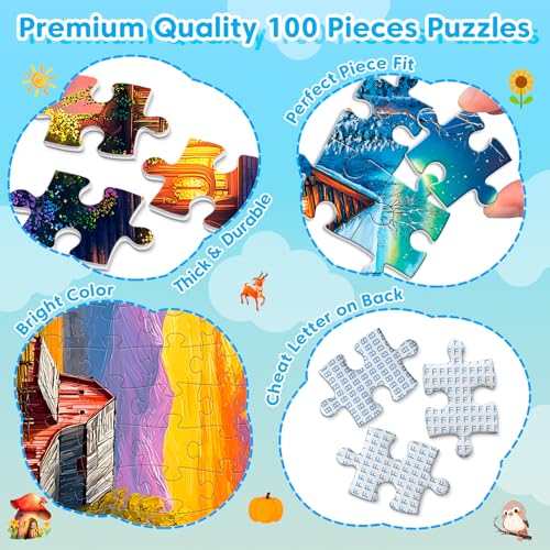 4 Packs 100 Piece Puzzles for Adults, 4 Themed Large Piece Puzzle | Seniors Jigsaw Puzzles for Kids Ages 6-8 8-10 Learning Educational Toys for Boys and Girls - style: Farm Snowy Auror Harvest Season