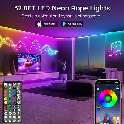 AILBTON 32.8Ft Neon Rope Lights,Flexible Led Rope Lights Control with App/Remote,Multiple Modes Music Sync Gaming RGB Led Neon Lights for Bedroom Outdoor - size: 32.8FT