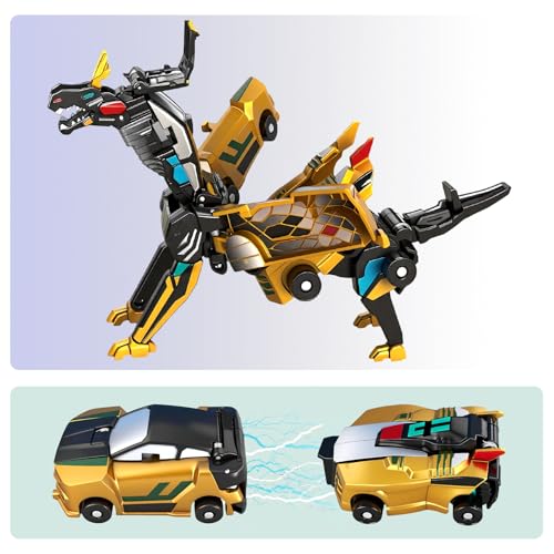 Golden Dragon Transforming Car Toy 2-in-1 Magnetic Collision Dinosaur Robot Luxury Metallic Convertible Crash Activated Toy No Batteries, Mother's Day Birthday Gift for Boys Girls Age 3-12 (Gold) - color: Gold