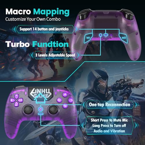 Linhugame Wireless Controller for PS5/Pro/Slim/PC, with Transparent Shell/RGB Tape Light/Hall Effect Joyticks and Trigger/Macro/Turbo/3.5mm Audio Jack/Speaker and Mic/1500 mAh Large Battery Gamepad（purple）