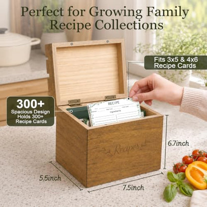 Wooden Recipe Box Set with 50 Cards and 12 Dividers, Solid Pine | Holds 300+ 3x5 and 4x6 recipe cards; 2 removable wood dividers organize recipes for cooking, family keepsakes and gifting - color: Walnut Brown