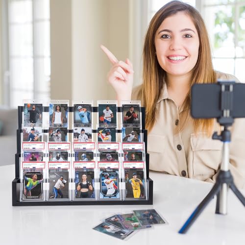 Donmills 4 Tier Card Display Stand, Wooden Trading Card Display Stand Tabletop, Graded Baseball Sports Card Display Shelf for Basketball Football Cards Game Collection, Show & Vendor, Black - color: Black-tabletop