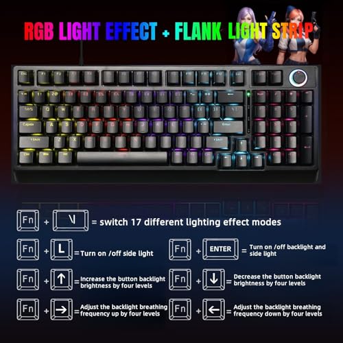 Mechanical Gaming Keyboard with Red Switches: 98 Keys PC Gaming Keyboard with Backlit，Multi-Function Volume & Lighting Knob,Anti-Ghosting Wired USB keybaord for Elite PC/Mac Gamers