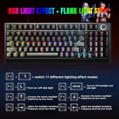 Mechanical Gaming Keyboard with Red Switches: 98 Keys PC Gaming Keyboard with Backlit，Multi-Function Volume & Lighting Knob,Anti-Ghosting Wired USB keybaord for Elite PC/Mac Gamers
