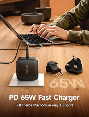 JSAUX 65W GaN USB C Charger for Nintendo Switch 2, Powers in TV Mode, with EU/UK Plug & 6.6FT Cable for ROG Xbox Ally, Steam Deck, ROG Ally, iPhone 17e/17, Galaxy S26, Tablet & Laptop – Black | Powers in TV Mode, GaN PD Fast Charge for ROG Xbox Ally, Stea