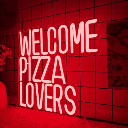 Welcome Pizza Lovers Neon Light, Red Dimmable LED Personalized Pizza Lovers Neon Sign, Family Restaurant Entertainment Room Food Theme Party Wall Neon Sign Decor Holiday Gift For Pizza Lovers, Children, Family (12.9*12.5in) - style: Pizza Lovers Red