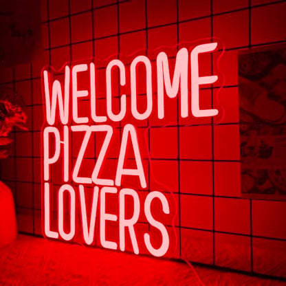 Welcome Pizza Lovers Neon Light, Red Dimmable LED Personalized Pizza Lovers Neon Sign, Family Restaurant Entertainment Room Food Theme Party Wall Neon Sign Decor Holiday Gift For Pizza Lovers, Children, Family (12.9*12.5in) - style: Pizza Lovers Red