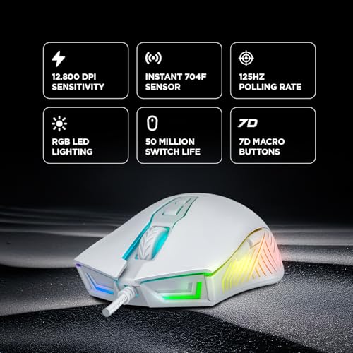 Rampage Spear V2 White Wired Gaming Mouse with RGB Lighting – 12800 DPI, 7 Programmable Buttons, Lightweight Ergonomic Gaming Mouse for PC/Mac/Laptop Gamers - color: White