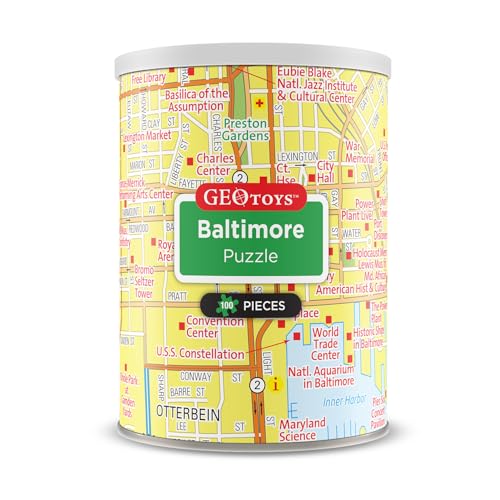 Geotoys Baltimore Mini City Puzzle - 100 Piece Puzzles for Kids and Adults in Portable Can, 13" x 10" Educational Travel Puzzle for Ages 7 and Up - Mini Puzzles to Learn & Explore Geography - style: Baltimore