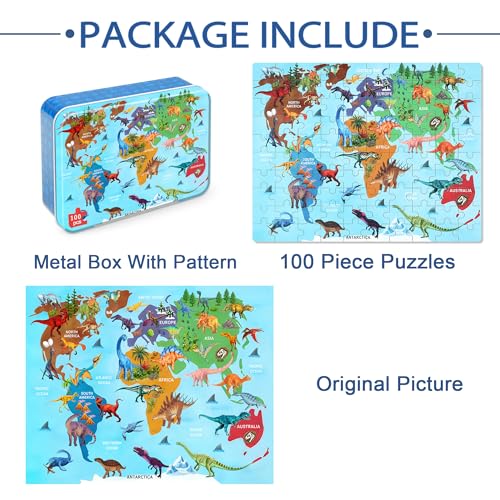 LELEMON Puzzles for Kids Ages 4-6,Dinosaur Map 100 Piece Puzzles for Kids Ages 6-8 in a Metal Box,Educational Jigsaw Puzzles,Childrens 100 Piece Puzzle Games Puzzle Toys for Girls and Boys - color: Dinosaur Map