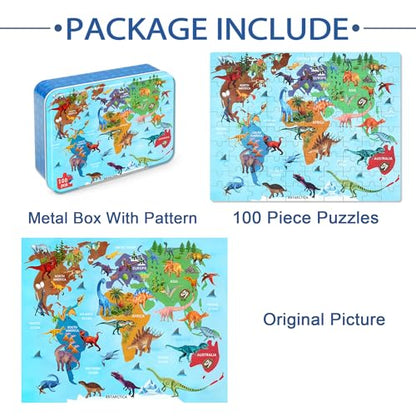 LELEMON Puzzles for Kids Ages 4-6,Dinosaur Map 100 Piece Puzzles for Kids Ages 6-8 in a Metal Box,Educational Jigsaw Puzzles,Childrens 100 Piece Puzzle Games Puzzle Toys for Girls and Boys - color: Dinosaur Map