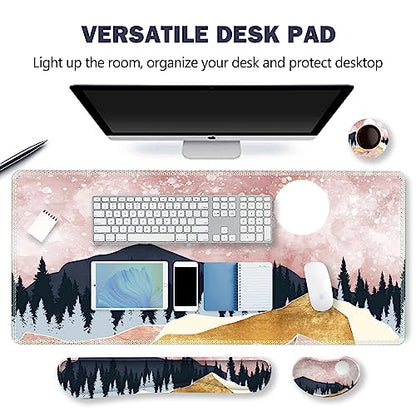 ARTSO Extended Gaming Mouse Pad Set, Keyboard Wrist Rest Support Pad + Wrist Cushion + XXL Large Mouse Pad + Coaster, Stitched Edge, Non-Slip, Memory Foam Desk Mat, Pink Abstract Mountain - color: Pink Abstract Mountain