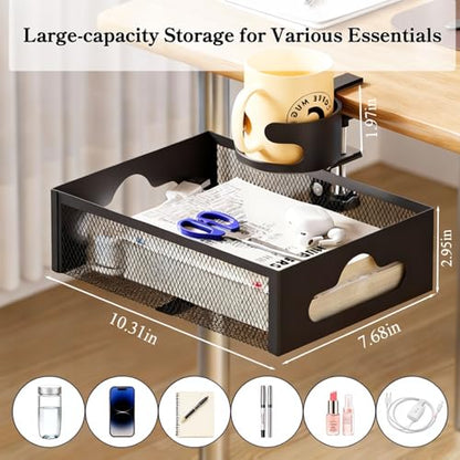 Clamp-On Under Desk Organizer with Cup Holder, 360° Rotating Mesh Drawer with Cable Hole, No-Drill Desk Drawer Organizer for Gaming Desk Accessories, Office Supplies, Coffee Mug, Dorm(2 in1)