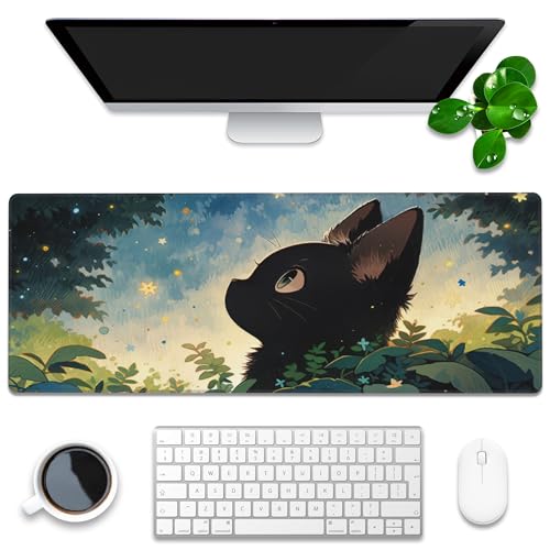 Desk Pad, Anime Cute Black Cat Extended Gaming Mouse Pad Large, 31.5"x11.8" Big Mouse Pad with Non-Slip Base and Stitched Edge, Long Computer Keyboard Mouse Mat for Home Office Work - color: Cute Black Cat, size: 31.5"x11.8"
