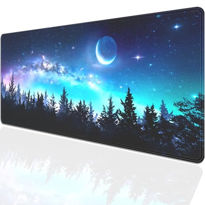 Starry Night Forest Large Gaming Mouse Pad Desk Pad, 27.5x11.8in Moon Galaxy Extended Desk Mat with Stitched Edges, Non-Slip Waterproof Rubber Base for Office, Computer & Laptop - color: Forest, Starry Sky, Moon