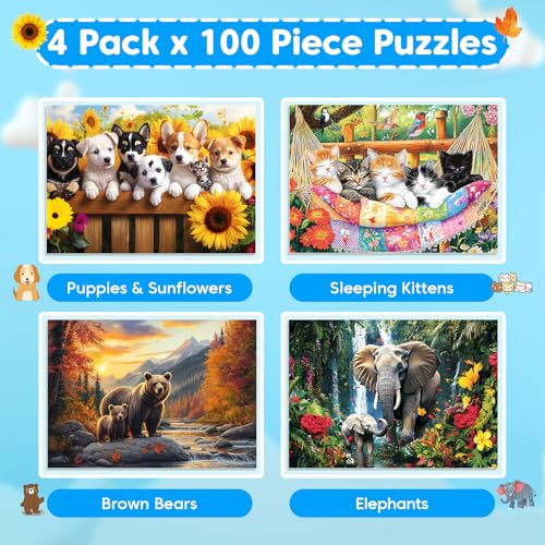 4-Pack 100 Piece Puzzles Dogs Cats Bears Elephants Puzzle for Kids Ages 4-8 8-10, 100 Piece Jigsaw Puzzle for Adults Seniors Children Learning Educational Puzzles Toys Birthday Gifts for Girls Boys - style: Dogs Cats Bears Elephants