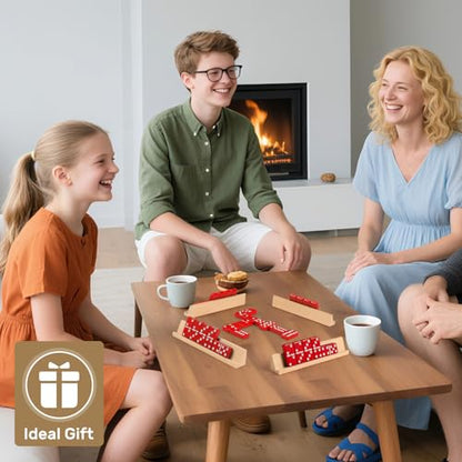 Jumbo Dominos Set for Adults with 4 Wooden Racks/Trays, Double 6 Dominoes Travel Set with Portable Case Double Six Dominoes Set with 4 Tiles Holders, 28 Tiles Dominos Set for Family Board Games - color: Red