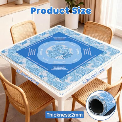 Elstey Mahjong Mat, Non-Slip Neoprene Mahjong Table Cover with Game Rules & Carrying Bag, Noise Reduction Square Board Game Mat for Poker, Dominoes, Tile Games, 32.2x32.2 Inch, (Chinoiserie Style) - color: Light Blue