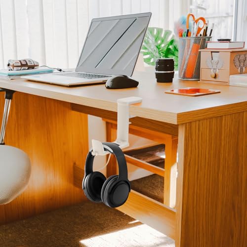 2pcs Under Desk Headphone Hanger Holder Utility Hook 360° Rotating Adjustable Clamp-on Earphone Hook Holder Mount Cable Clip Organizer Fit for PC Gaming Office Headset Hanger Gift (White) - color: White