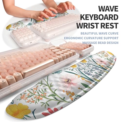2-in-1 Ergonomic Set, Wave Keyboard Wrist Rest and Massage Slope Mouse Pad Wrist Support, Rebound Memory Foam for Relieve Carpal Tunnel Syndrome and Wrist Pain (Pink Flowers) - color: Pink Flowers