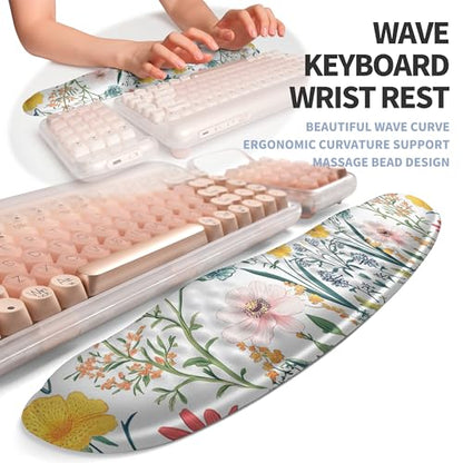 2-in-1 Ergonomic Set, Wave Keyboard Wrist Rest and Massage Slope Mouse Pad Wrist Support, Rebound Memory Foam for Relieve Carpal Tunnel Syndrome and Wrist Pain (Pink Flowers) - color: Pink Flowers
