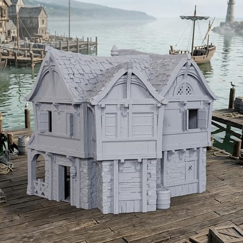 AUSPDICE DND Terrain 25mm 도색되지 않은 석재 및 목재 도크 빌딩 TTRPG용 | 던전 앤 드래곤 판타지 워게임용 1:64 스케일 멀티 레벨 하버 디스트릭트 풍경 - AF1154D - color: Af1154d Dock Buildings D