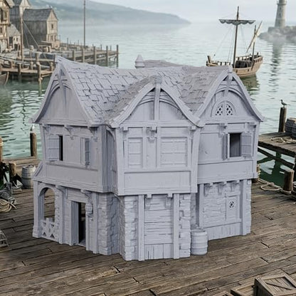 AUSPDICE DND Terrain 25mm 도색되지 않은 석재 및 목재 도크 빌딩 TTRPG용 | 던전 앤 드래곤 판타지 워게임용 1:64 스케일 멀티 레벨 하버 디스트릭트 풍경 - AF1154D - color: Af1154d Dock Buildings D
