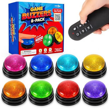 Buzzers for Trivia Games and Family Party: 8 Pack Answer Buzzers with Remote Control - Game Buzzers with Light & Sound First-Press Lock for Classroom Quiz