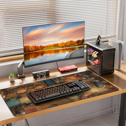 Extended Keyboard and Mouse pad, Fantasy Tavern Pattern, 35.4 x 15.7 Inch, Gaming Desk mat with Non-Slip Base and Waterproof Finish, Suitable for Home Office and workstations. - color: With Fantasy Village Design