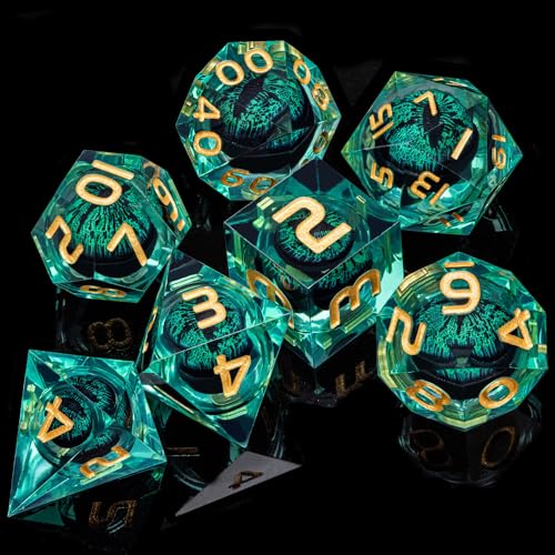ARUOHHA Dragon Eye Dice Liquid Core DND Dice Green Sharp Edged Dice Set with Gift Box, Polyhedral D and D Dice Set Role Playing Game D20 D12 D10 D8 D6 D4 - color: Ly04-green
