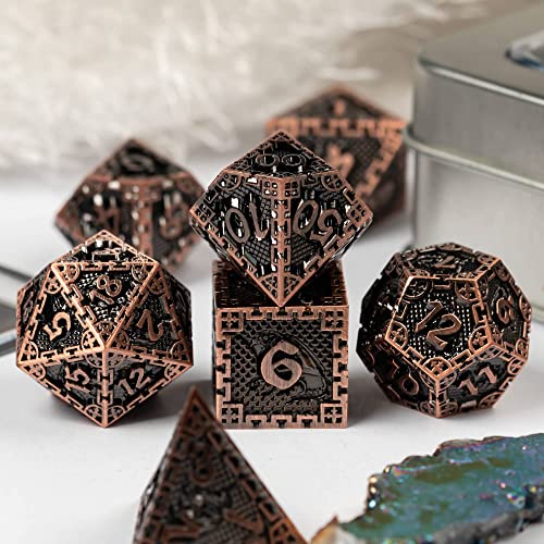 UDIXI Metal Dice Set Polyhedral DND Dice Set for Role Playing Game (Copper) | 7-Pieces, Dragon Carved, Chain-edge Design, Metal Gift Box, DM Gift, for Dungeons and Dragons Games Tabletop Games - color: Chain Frame-antique Copper
