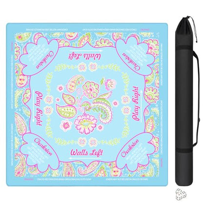 Floral Mahjong Mat with Rules for Table-31.5''x31.5'' Paisley Mandala American Mahjong Mat Anti-Slip Neoprene Rubber Noise Reducing,Foldable Travel Game Tablecloth for Poker Card Board Games Dominoes - color: Light Blue Mandala Flower