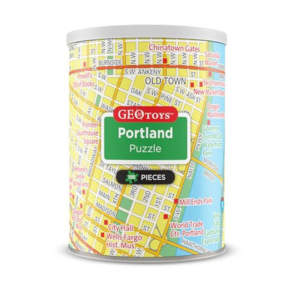 Geotoys Portland Mini City Puzzle - 100 Piece Puzzles for Kids and Adults in Portable Can, 13" x 10" Educational Travel Puzzle for Ages 7 and Up - Mini Puzzles to Learn & Explore Geography - style: Portland