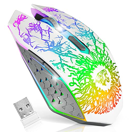 VEGCOO Wireless Gaming Mouse, Rechargeable Gaming Mouse, Silent Optical Mice with 2.4G USB Receiver, 3 Level DPI, 6 Buttons, 7 Colors LED Lights for PC/Mac Gamer, Laptop and Desktop - color: white
