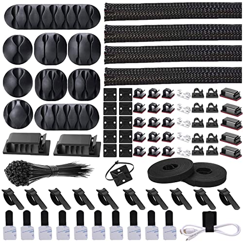 Cord Management Organizer Kit 4 Cable Sleeve split 192PCS Cable Management | 41Self Adhesive Cable Clips Holder, 10pcs and 2 Roll Self Adhesive tie ,100 Fastening Cable Ties, for TV Office Car Desk Home