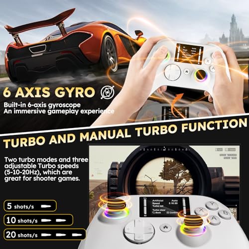 Interactive Screen Wireless Gaming Controller for PC/PS4/ Switch/Android/iOS, 4 Programmable Buttons, Turbo, 6-axis Gyro, Dual Vibration, RGB Lighting, Share, Screenshot, 1000mAh, Wake-up White - color: White