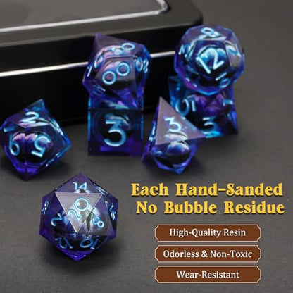 MoKo Liquid Core DND Dice Set 7PCS, Blue | Sharp Edge Resin Polyhedral, D20 D12 D10 D8 D6 D4 D%, Gift Box Included, Compatible with Dungeons and Dragons RPG - color: 1 - Blue