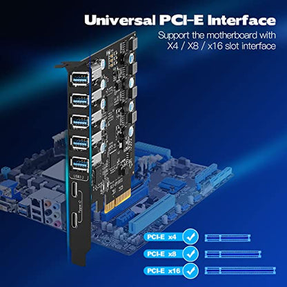 10Gbps PCIe USB 3.2/3.1 Gen 2 Expansion Card 7-Ports (2X USB C and 5X Type-A) PCI Express Card Type C PCI-e USB3 Hub Controller Adapter 4 Independent Power Module