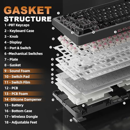 YUNZII B75 PRO MAX QMK/VIA Wireless Mechanical Keyboard | 75% Layout with Screen and Knob, Custom Hot Swap, Gasket, Creamy Switches, for Win/Mac (Black, Candy Switch) - color: Black, size: Candy Switch